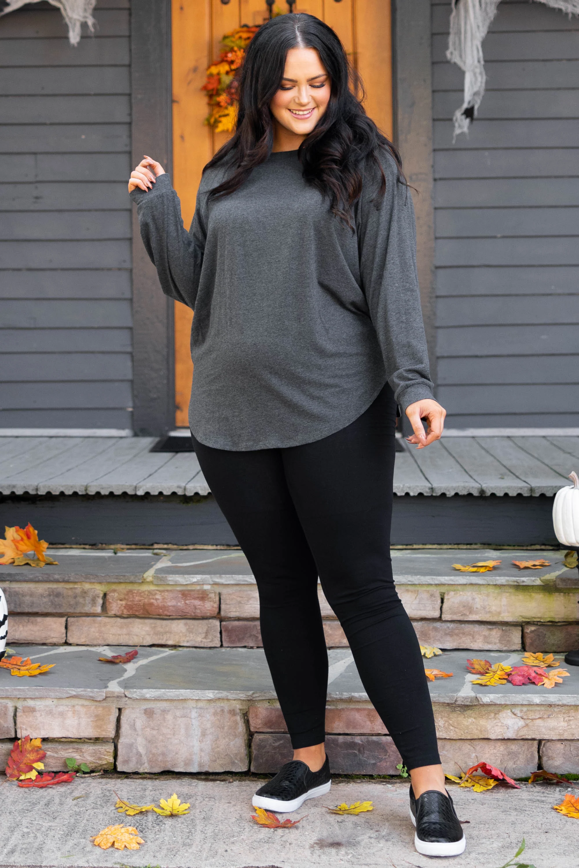 Curved Hem Slouchy Dolman Tunic, Charcoal - Giverhouse