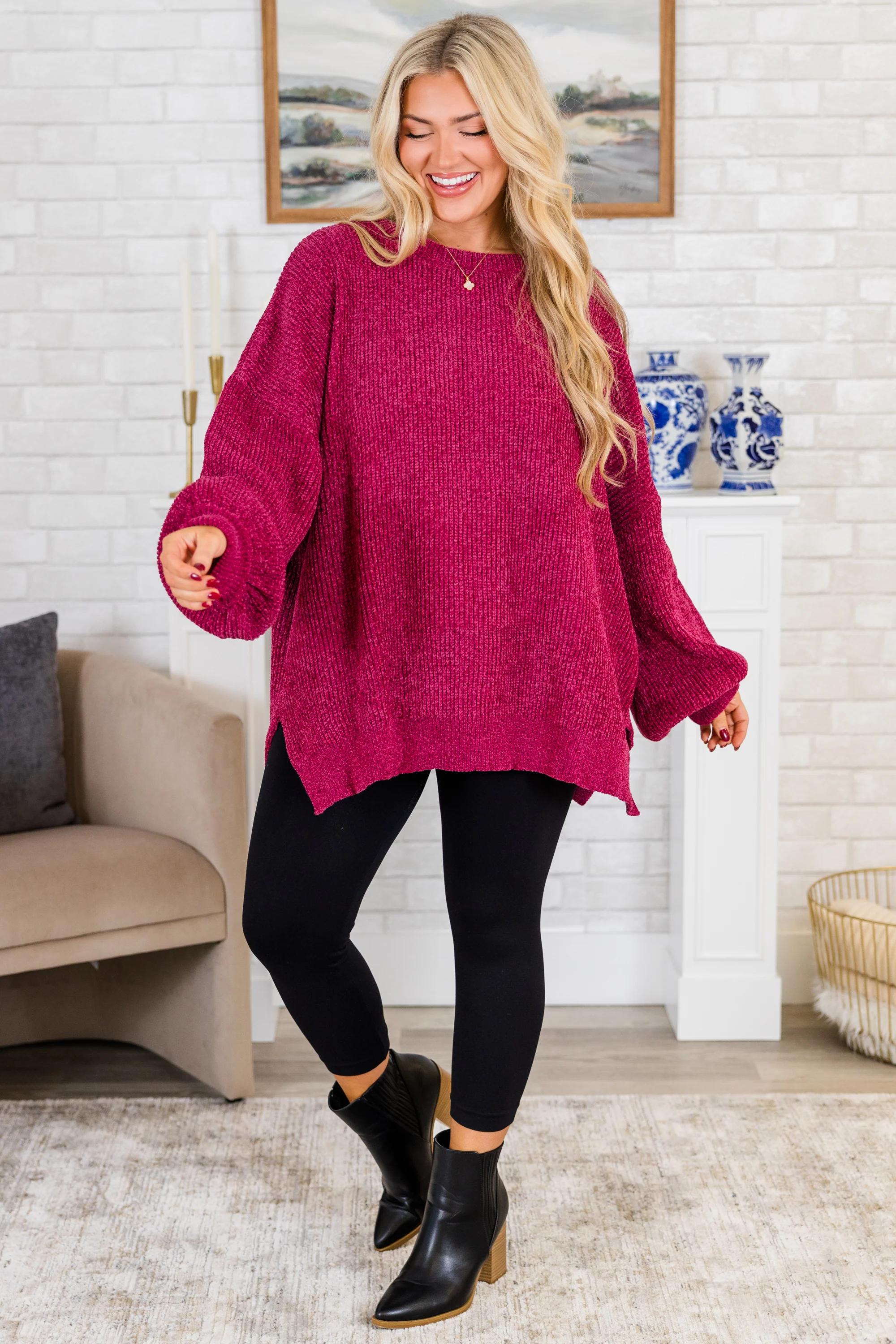 Simple But Sweet Sweater, Magenta - Giverhouse