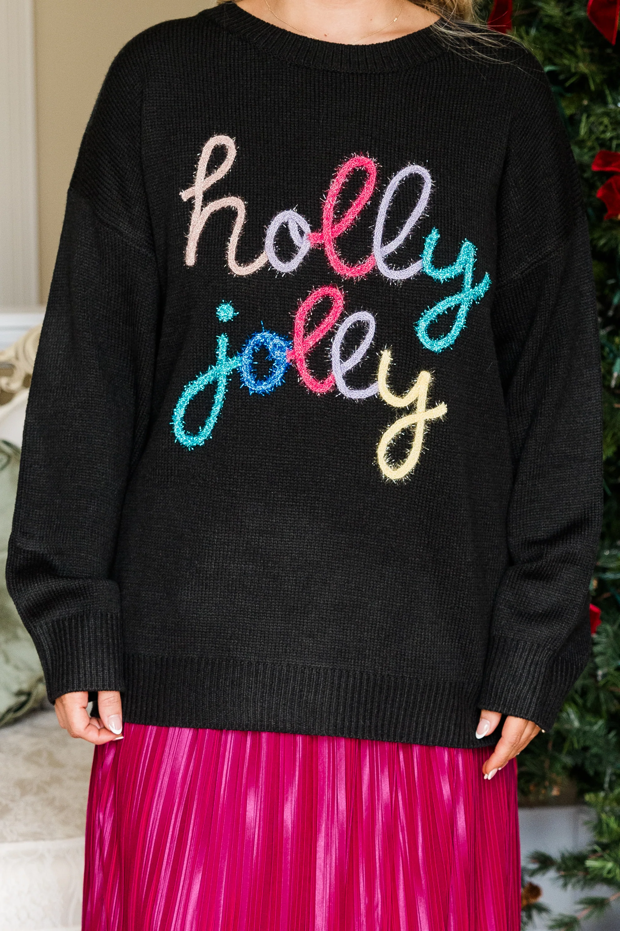 Holly Jolly All The Way Sweater, Black - Giverhouse