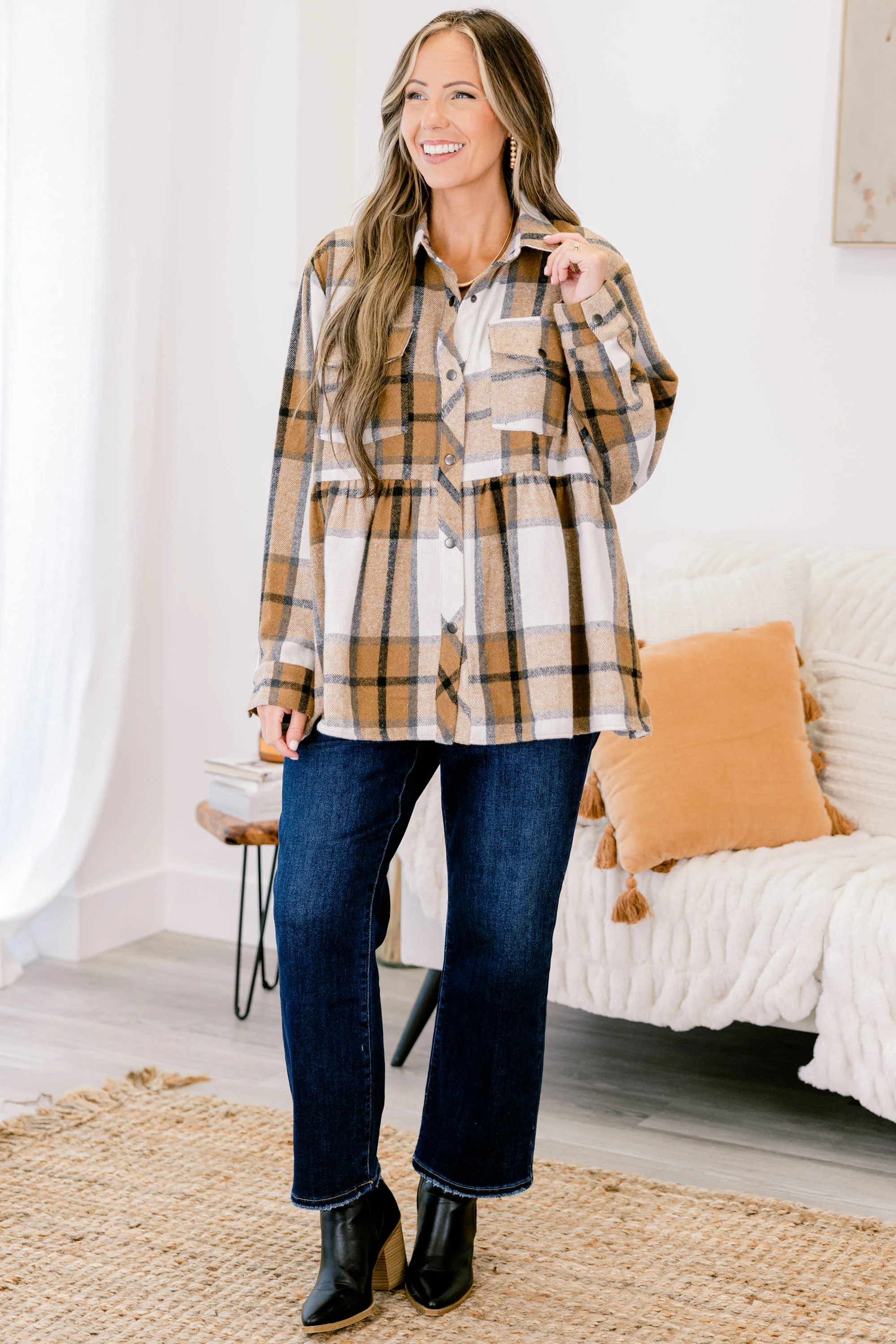 Cozy Plaid Babydoll Shacket, Khaki - Giverhouse