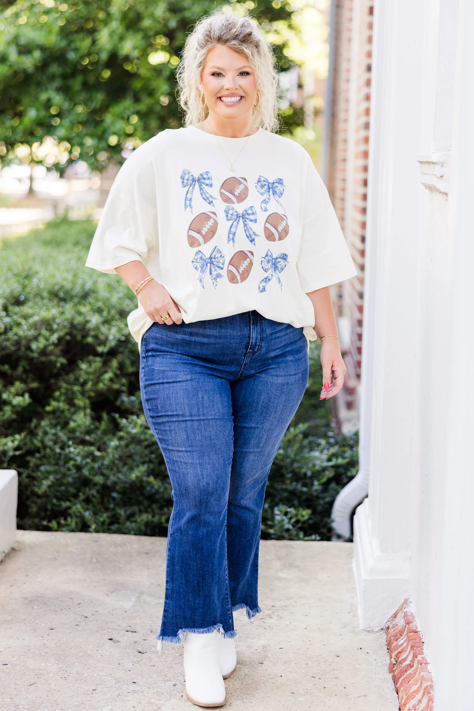 Footballs & Bows Boyfriend Tee, Ivory - Giverhouse