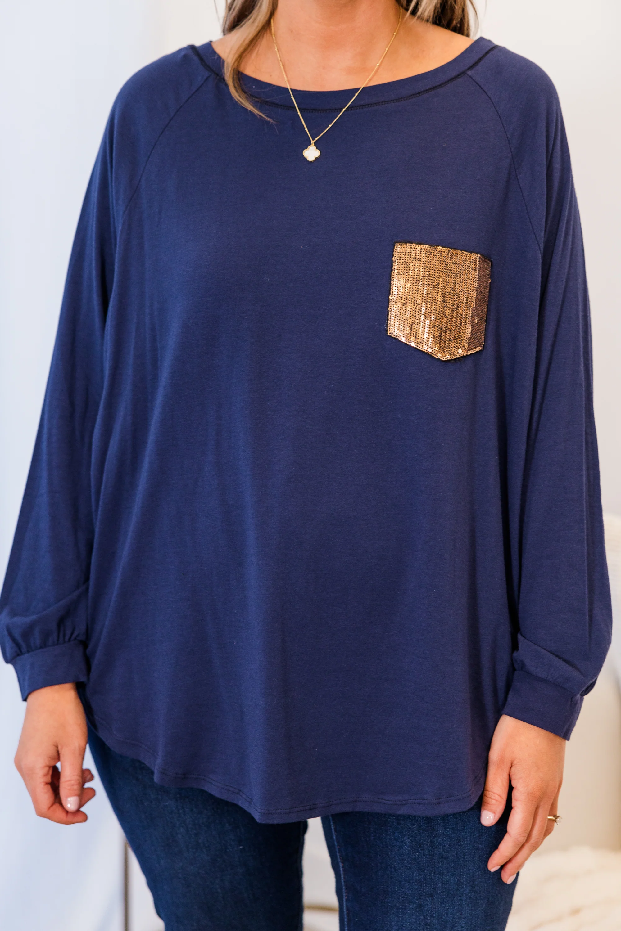 Curved Hem Slouchy Dolman Tunic, Navy Sequin - Giverhouse