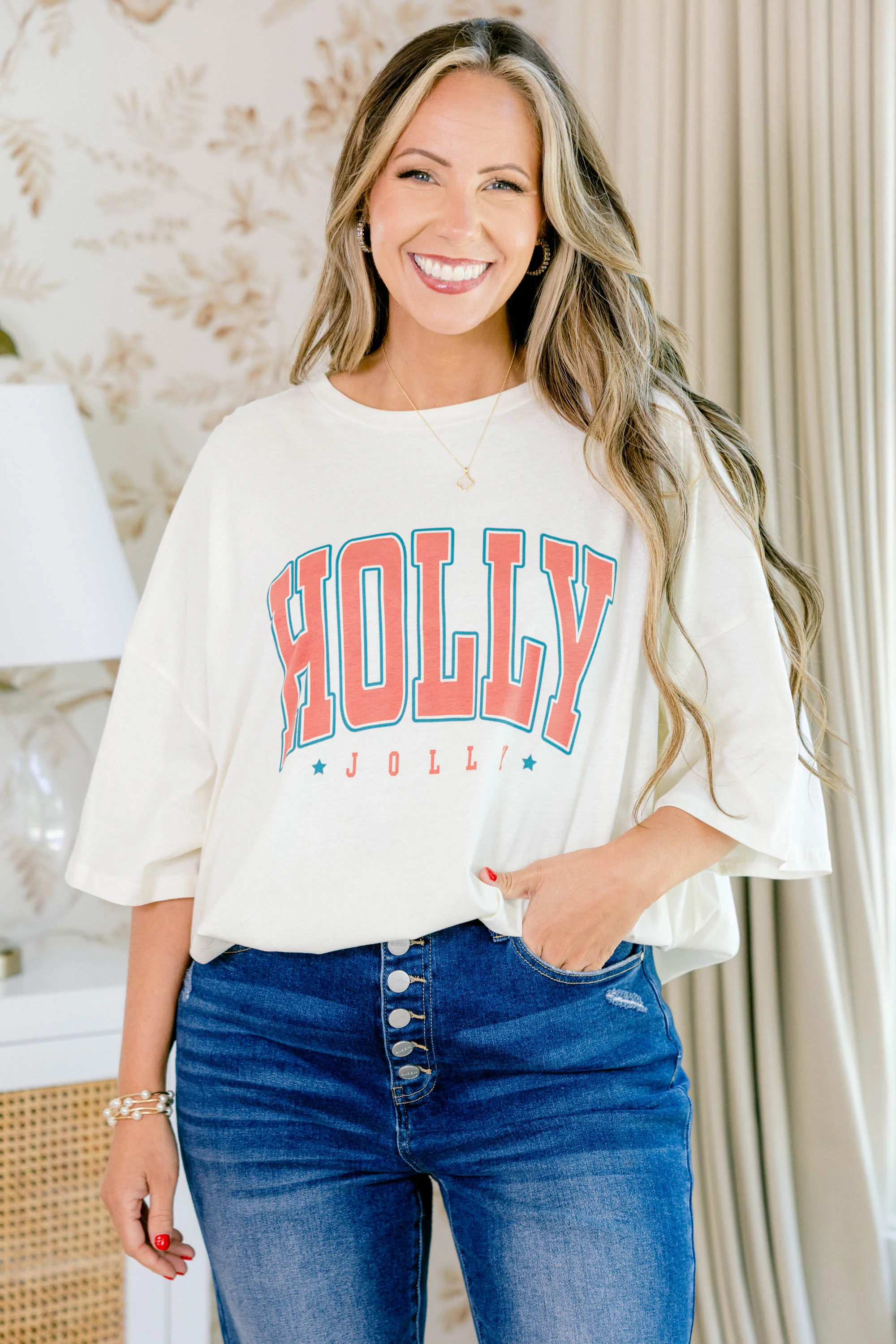 Holly Jolly Season Boyfriend Tee, Ivory - Giverhouse