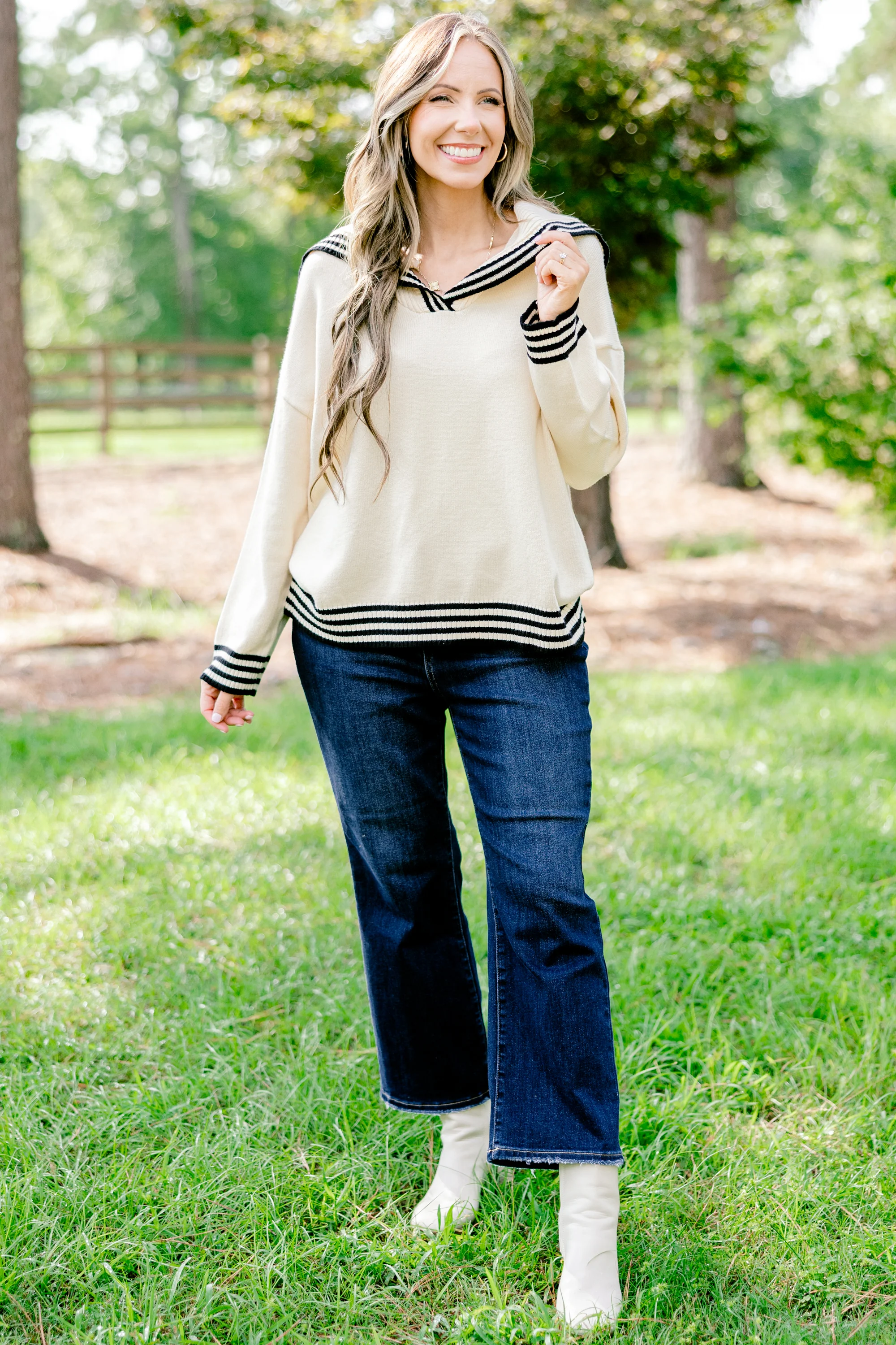 Smiling Through It All Sweater, White Stripe - Giverhouse