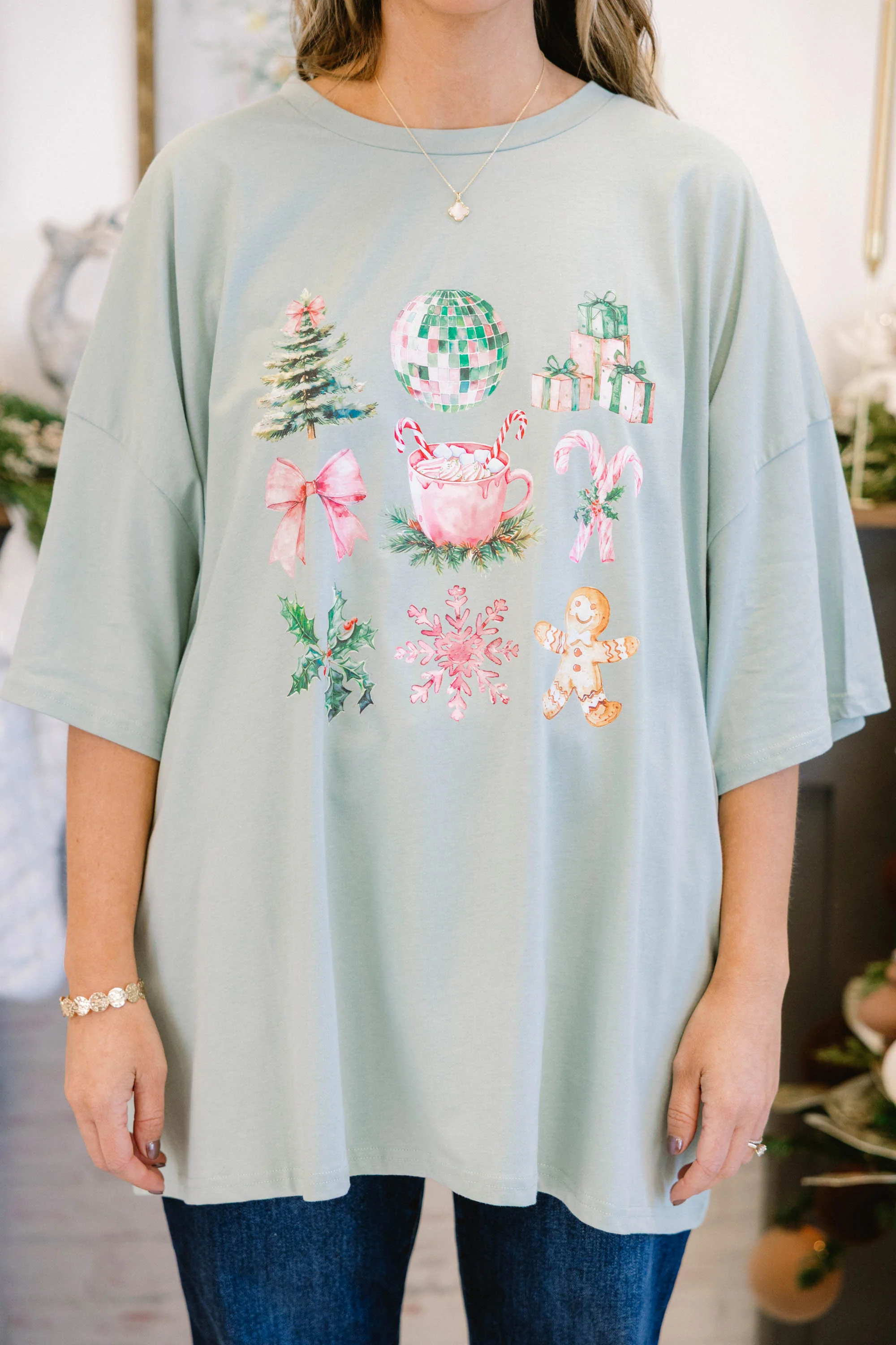 Girly Swirly Christmas Boyfriend Tee, Light Sage - Giverhouse