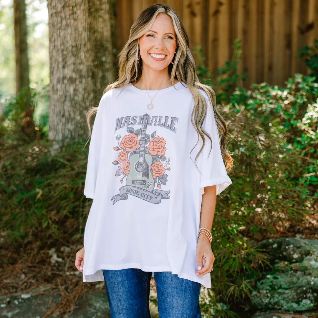 Nashville Glam Boyfriend Tee, White - Giverhouse