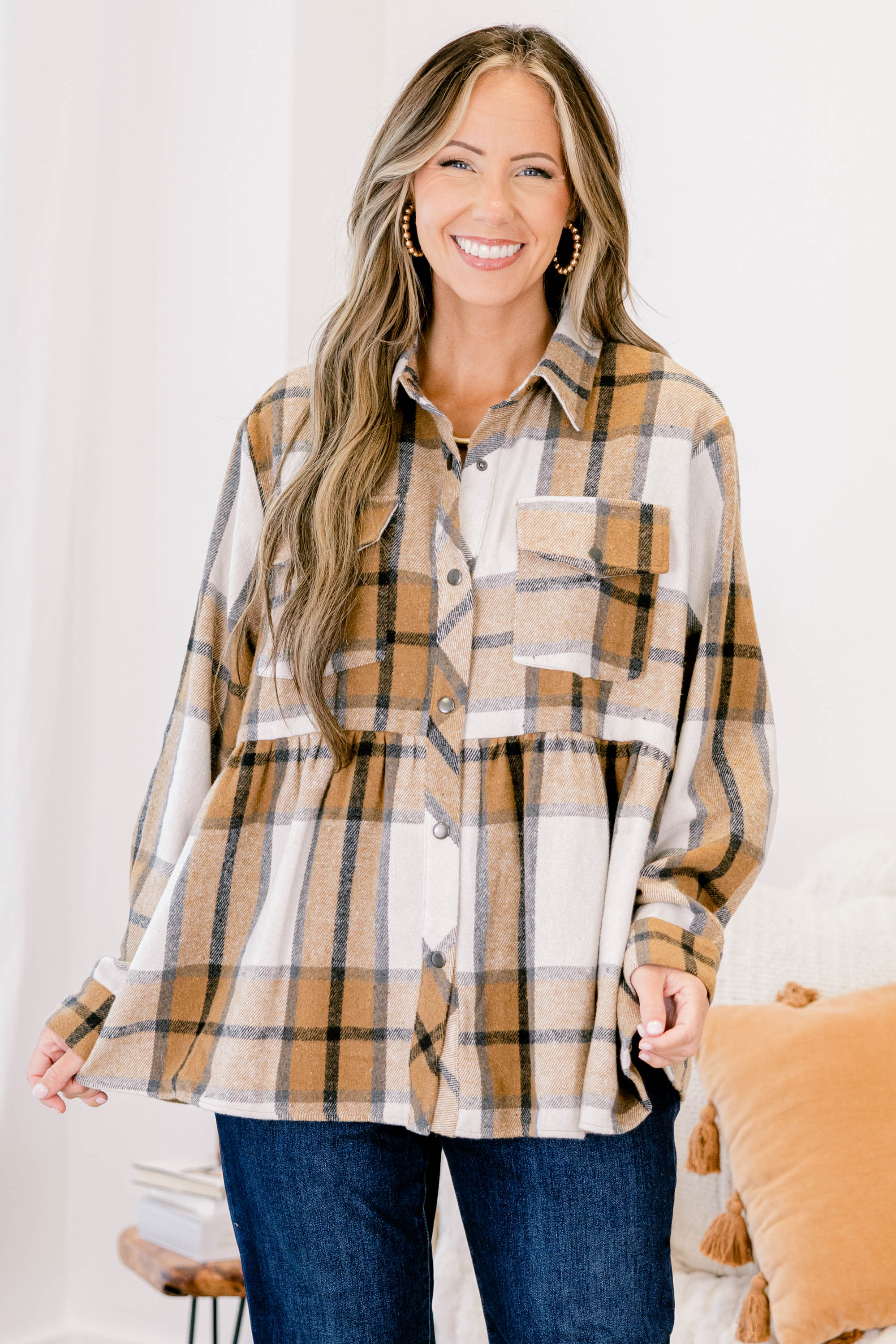 Cozy Plaid Babydoll Shacket, Khaki - Giverhouse