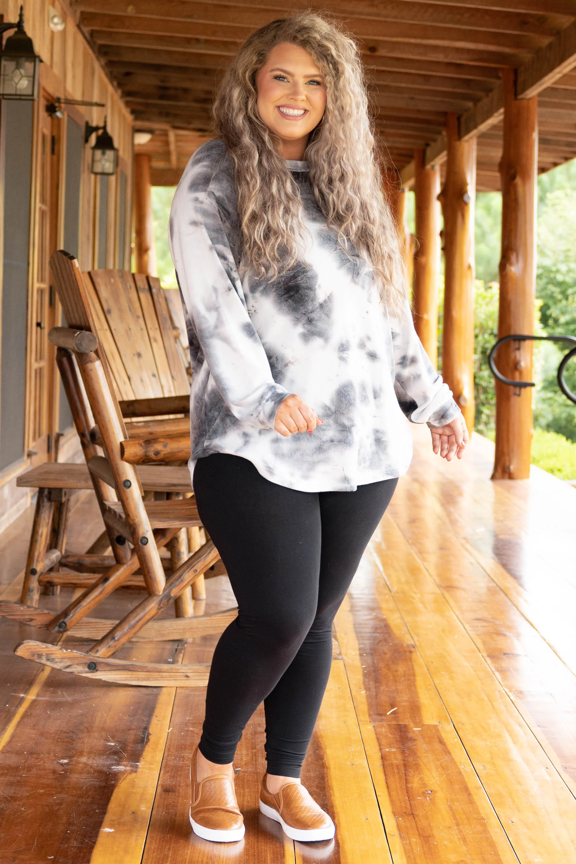 Curved Hem Slouchy Dolman Tunic, Tie Dye Gray-White - Giverhouse