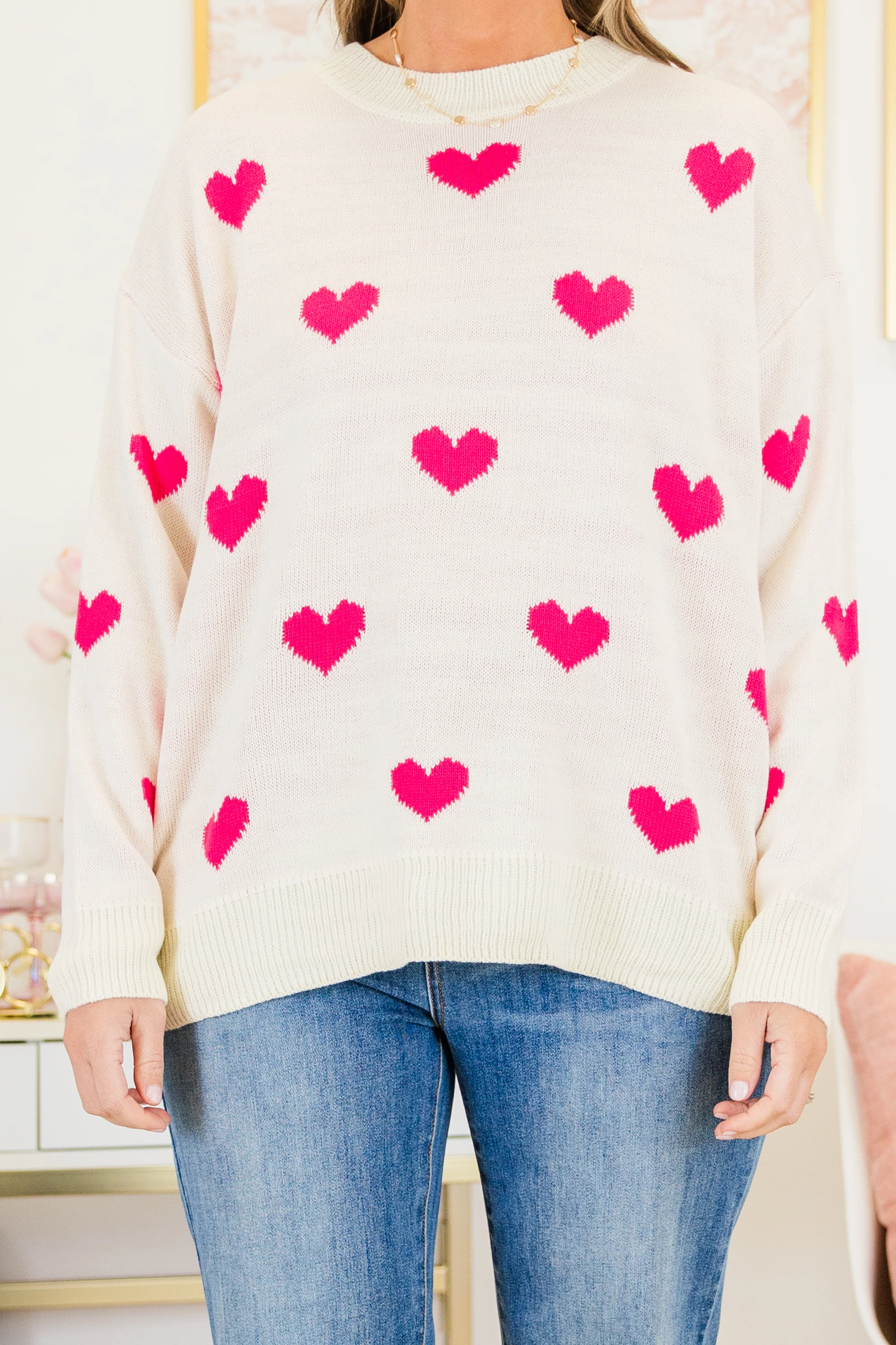 Surrounded By Hearts Sweater, White Pink - Giverhouse