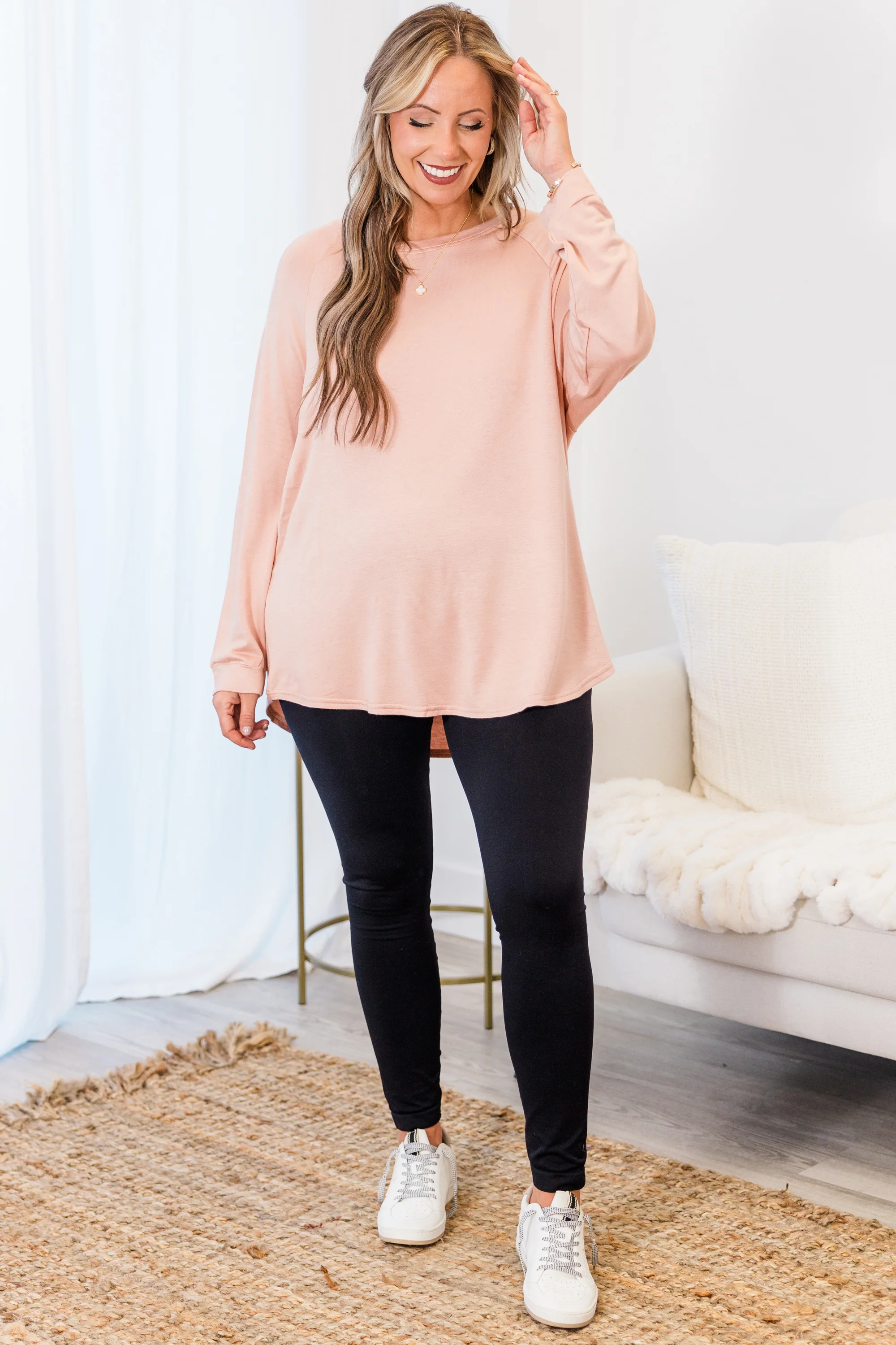 Curved Hem Slouchy Dolman Tunic, Blush Fleece - Giverhouse