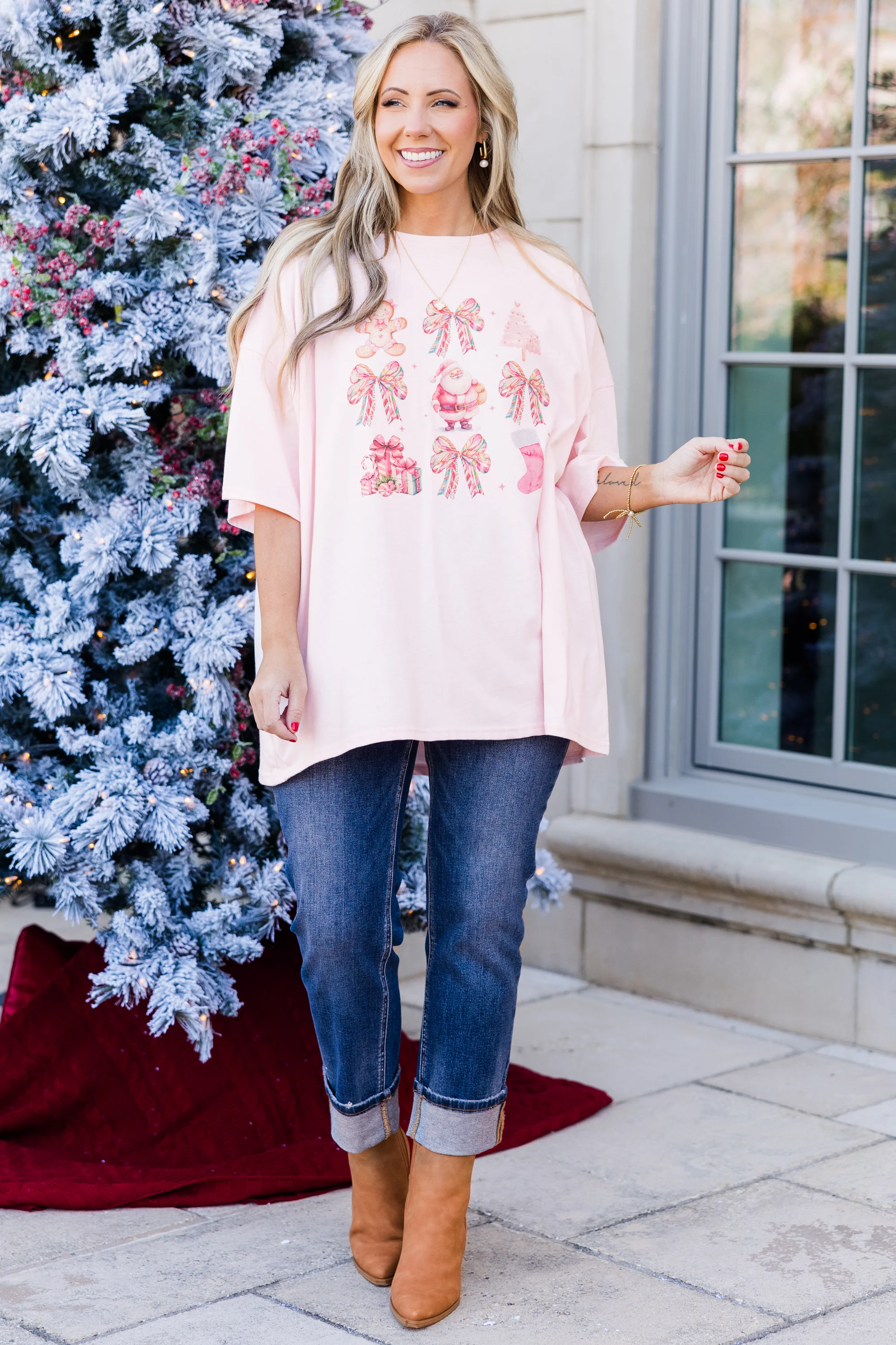 Girly Girl Christmas Boyfriend Tee, Cream Pink - Giverhouse
