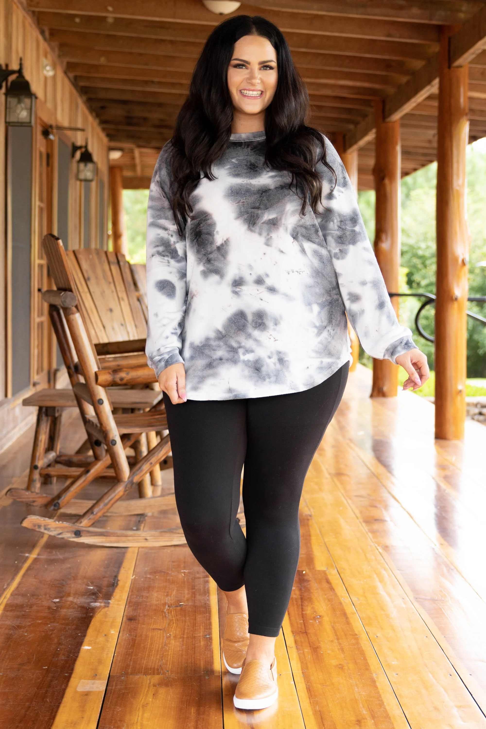 Curved Hem Slouchy Dolman Tunic, Tie Dye Gray-White - Giverhouse