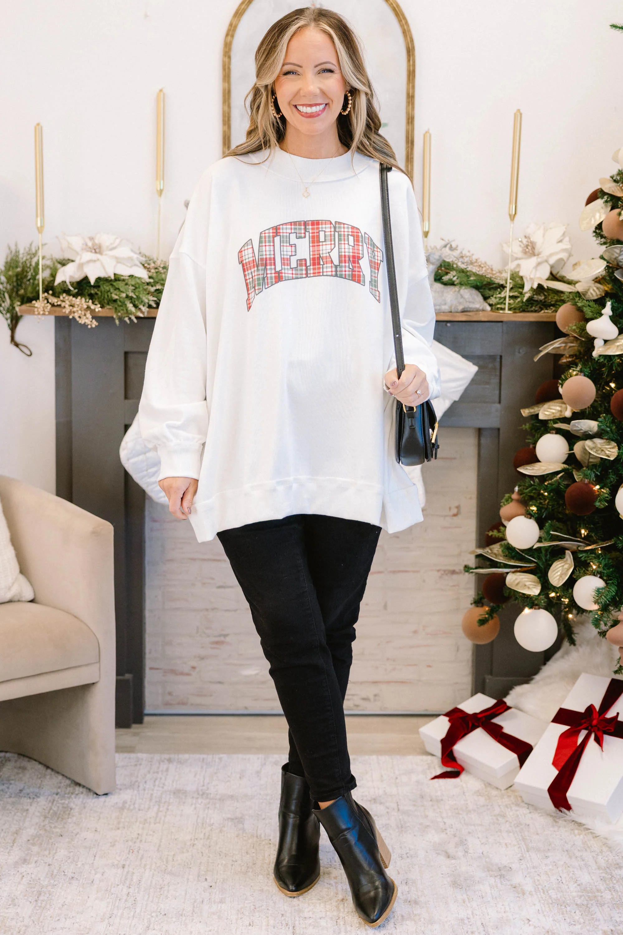 Merry and Plaid Mock Neck Pullover, Ivory - Giverhouse