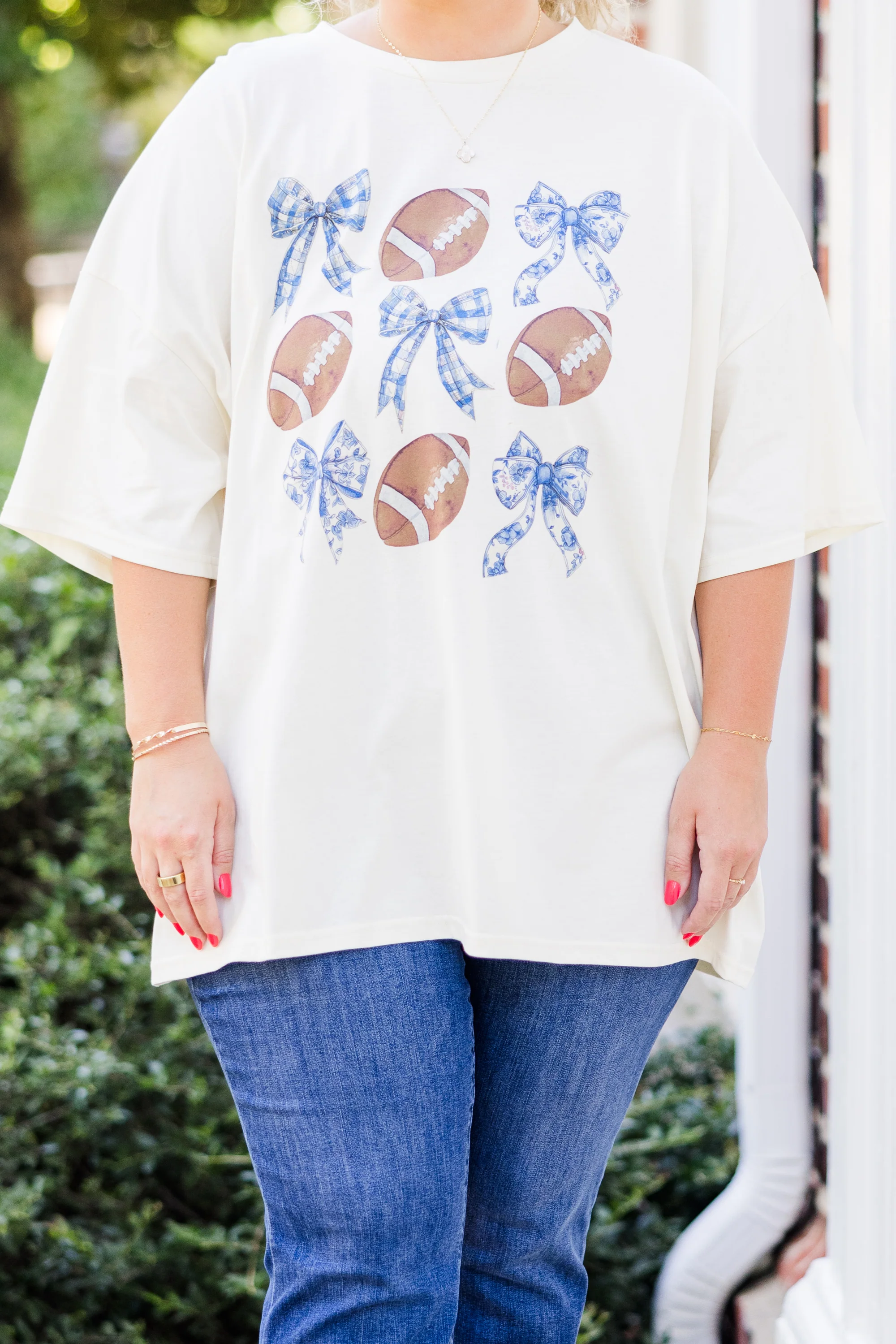 Footballs & Bows Boyfriend Tee, Ivory - Giverhouse