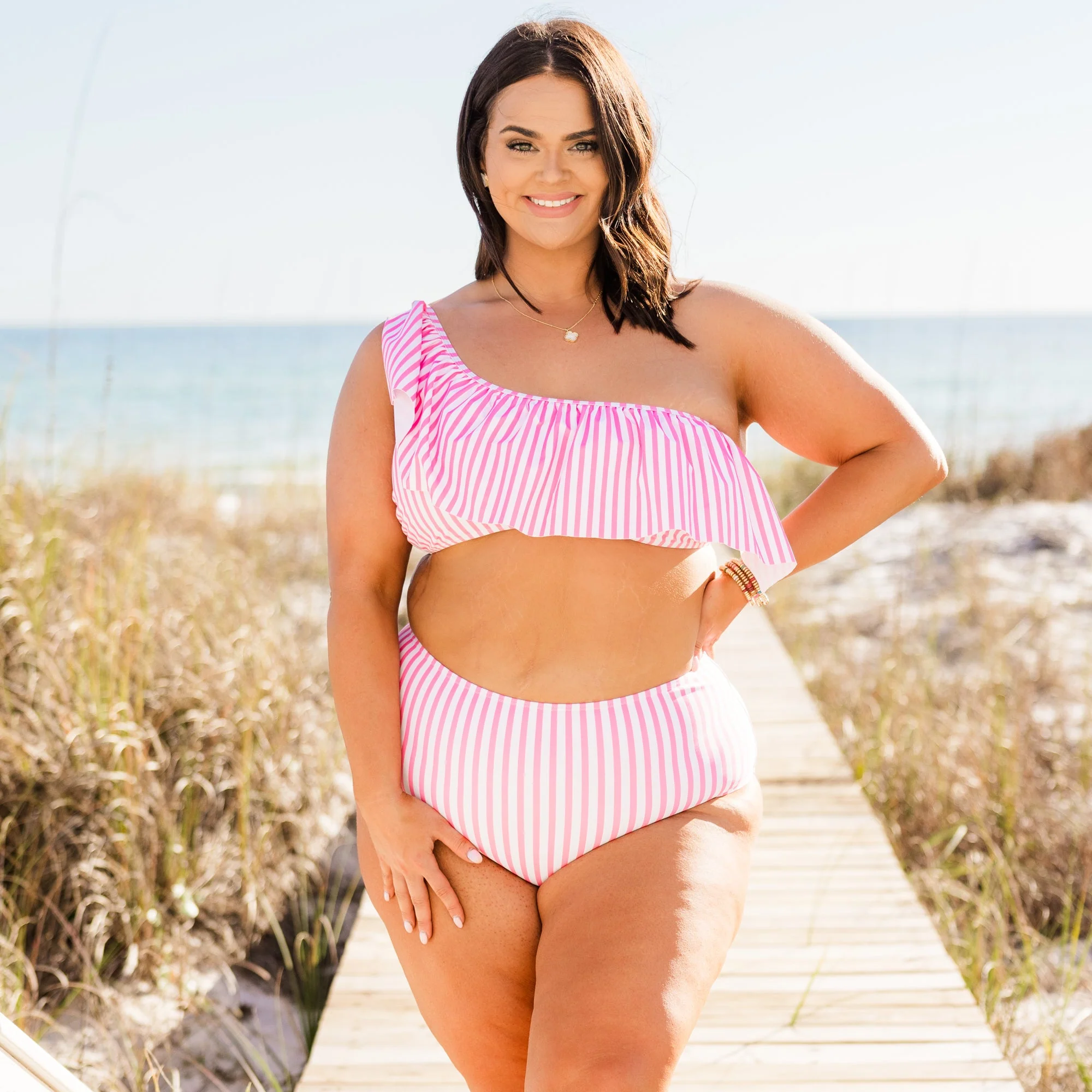 Let's Go Watch The Sunset Swim Top, Pink Stripe - Giverhouse