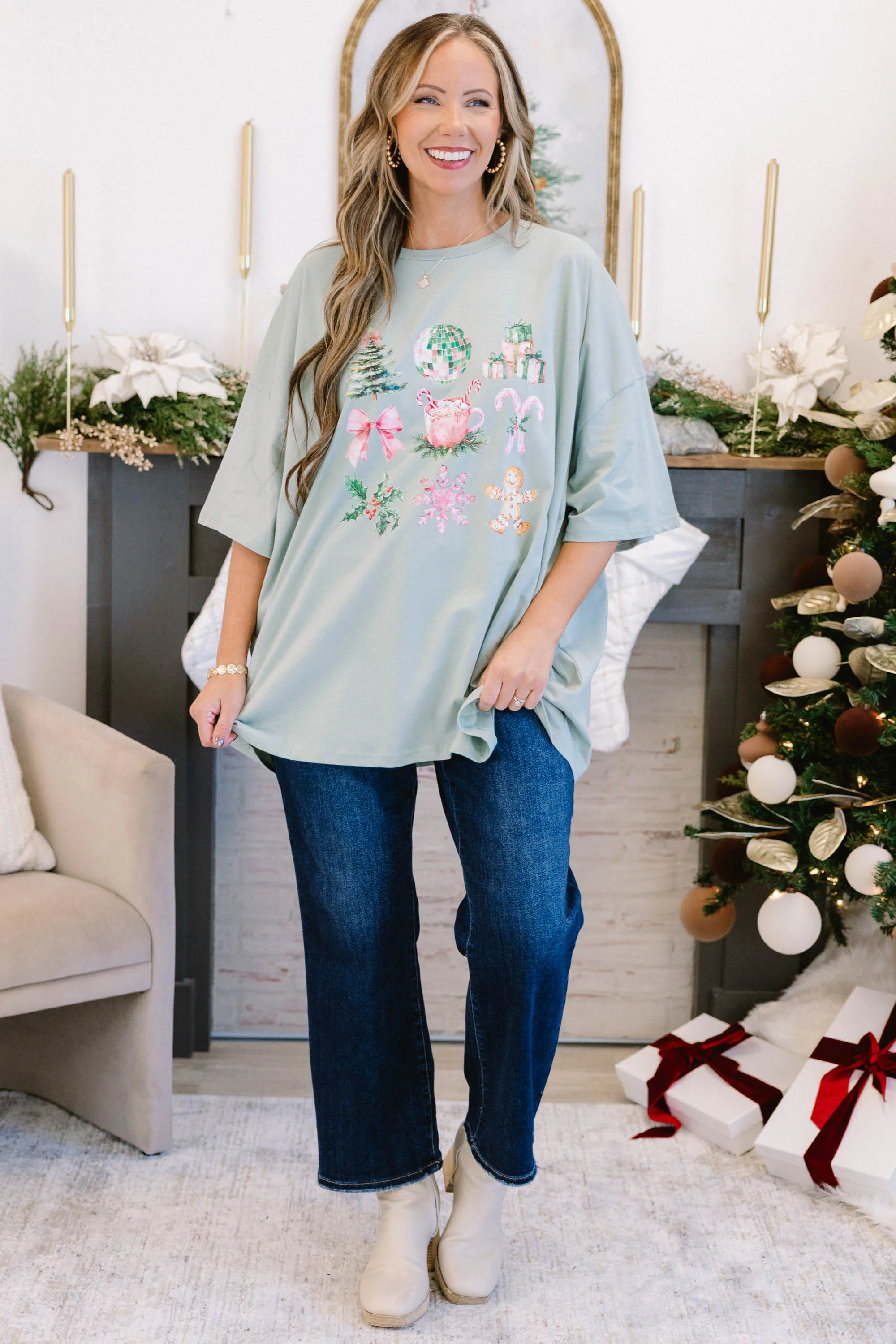 Girly Swirly Christmas Boyfriend Tee, Light Sage - Giverhouse