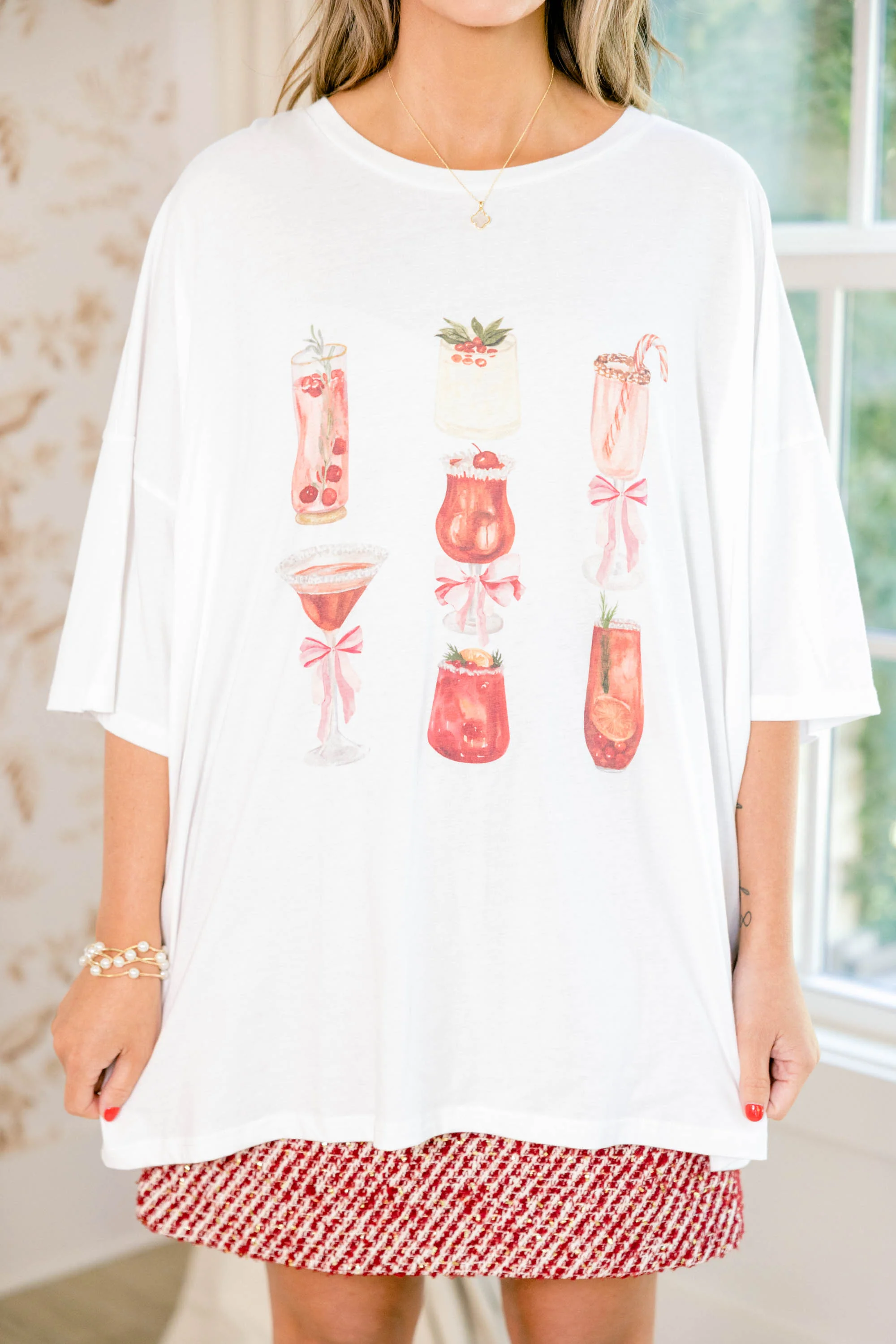 Holly Jolly Cocktails Boyfriend Tee, White - Giverhouse