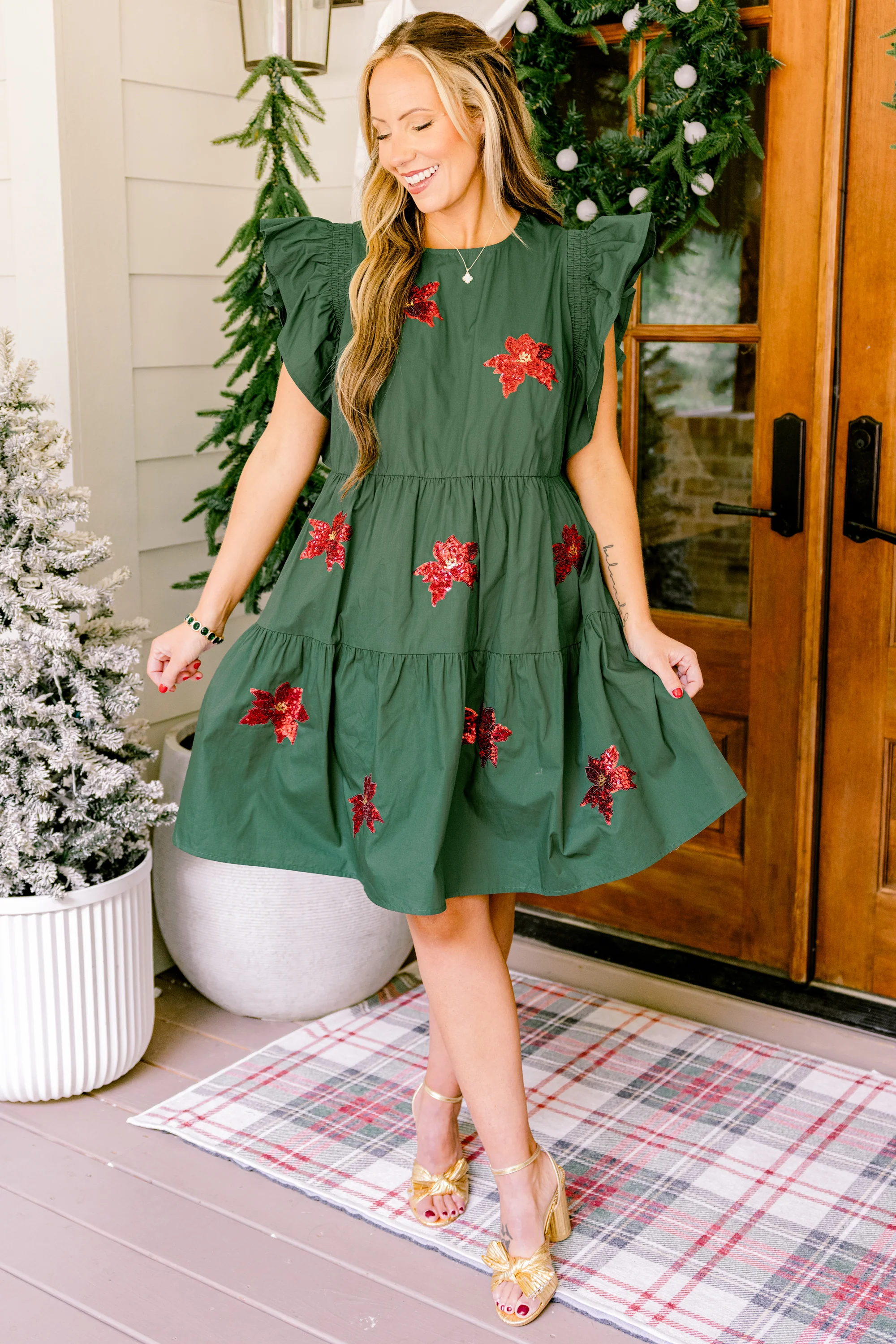 Poinsettia Bloom Dress, Green - Giverhouse