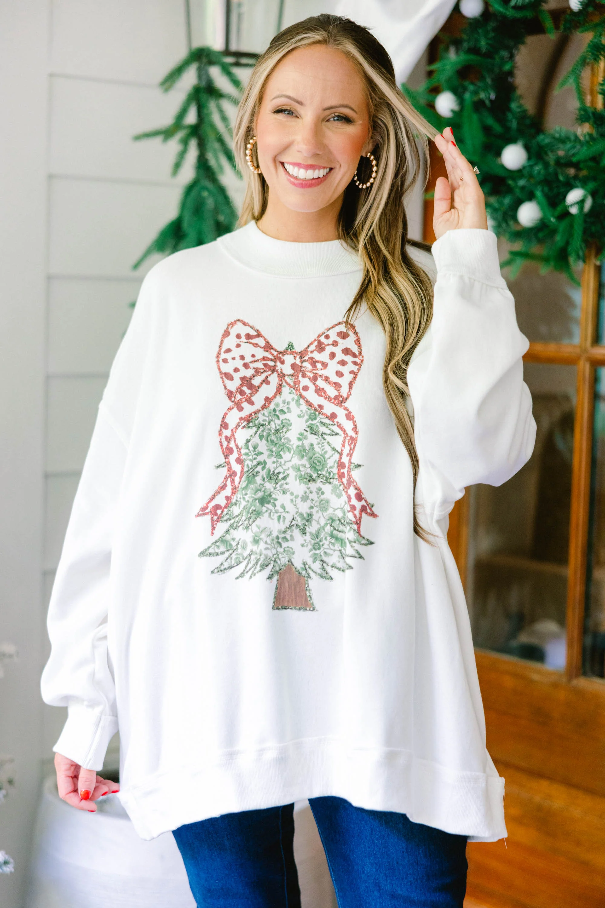 Postcards At Christmas Mock Neck Pullover, Ivory - Giverhouse