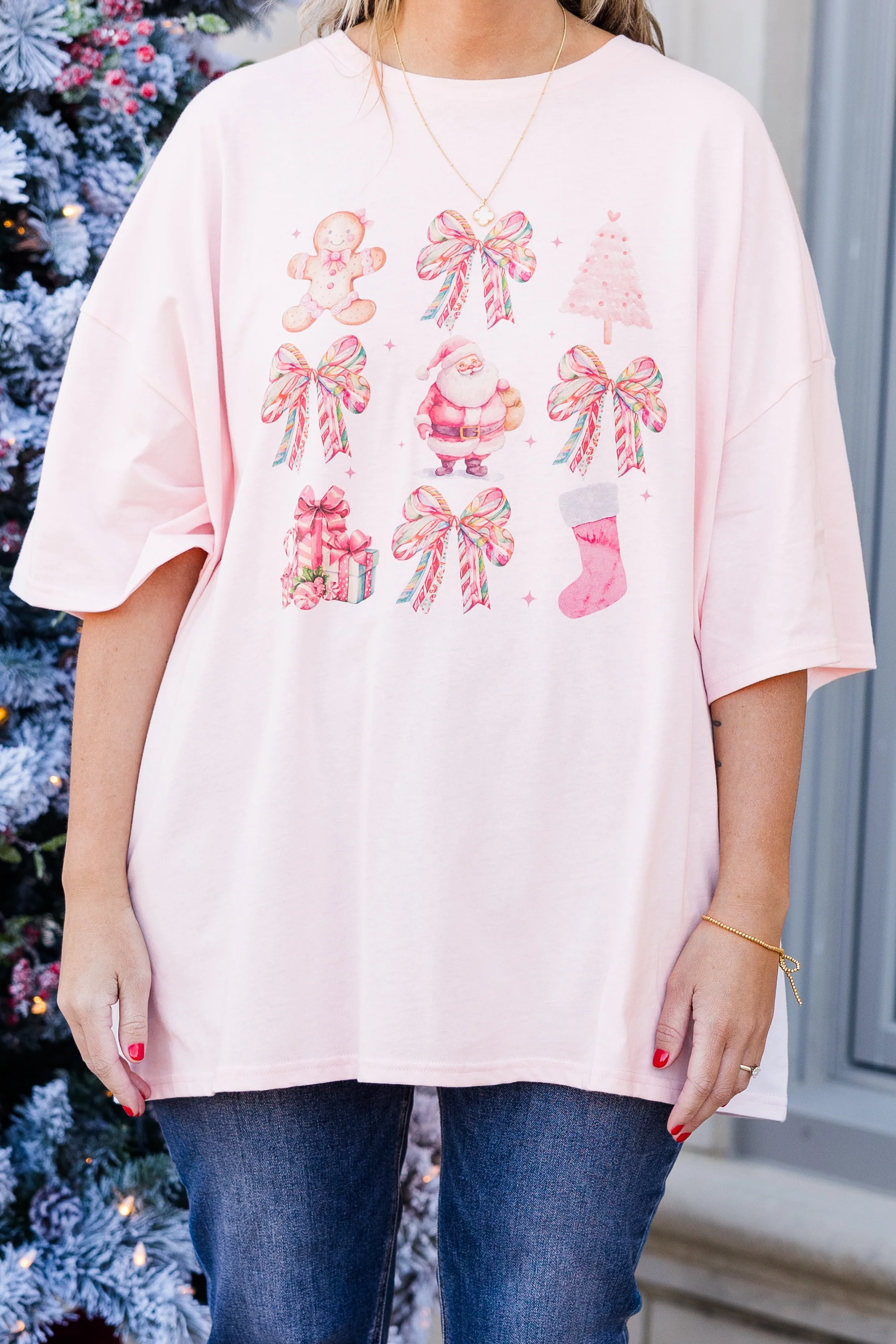 Girly Girl Christmas Boyfriend Tee, Cream Pink - Giverhouse