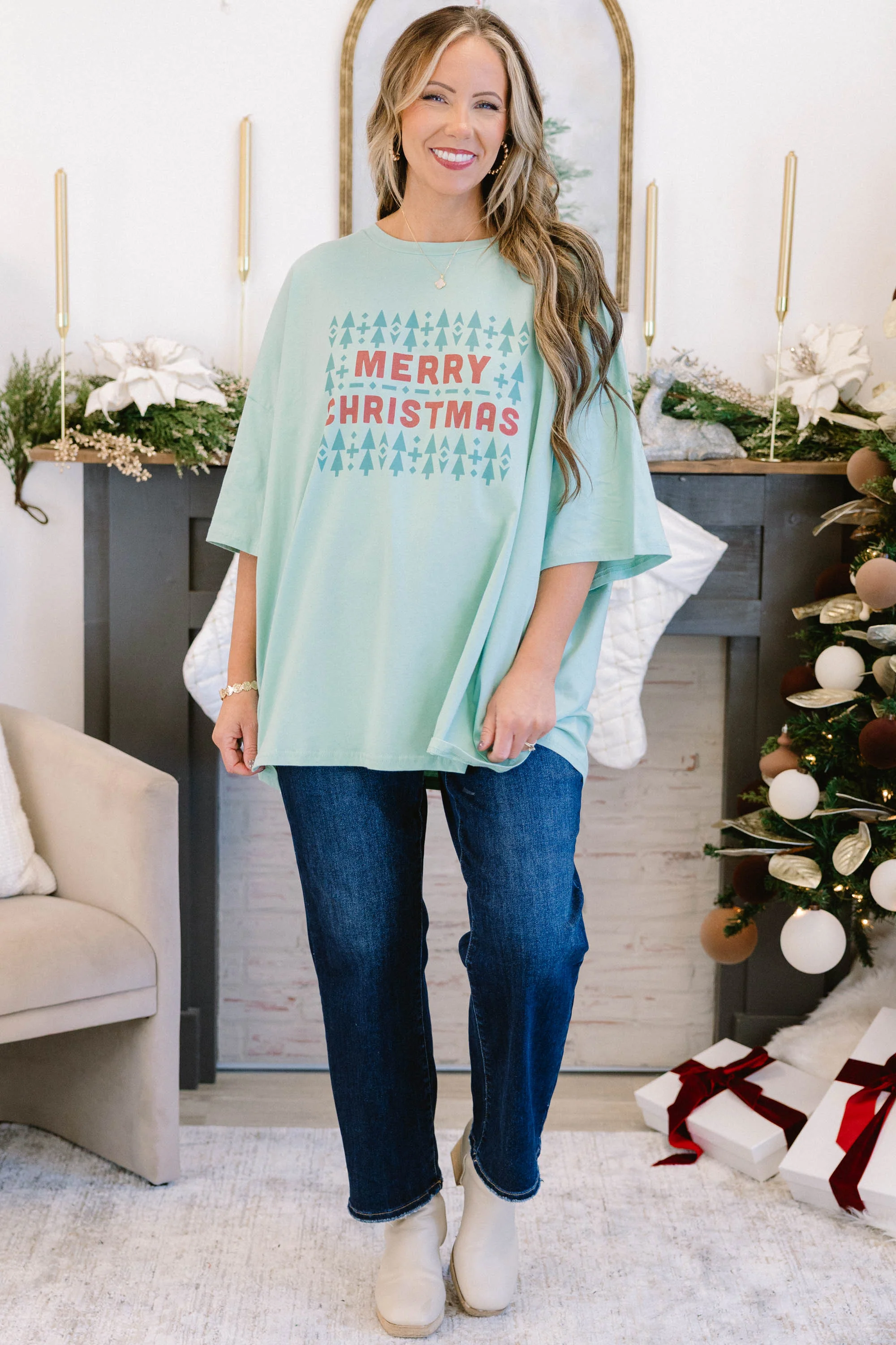 Merry Little Christmas Boyfriend Tee, Light Green - Giverhouse