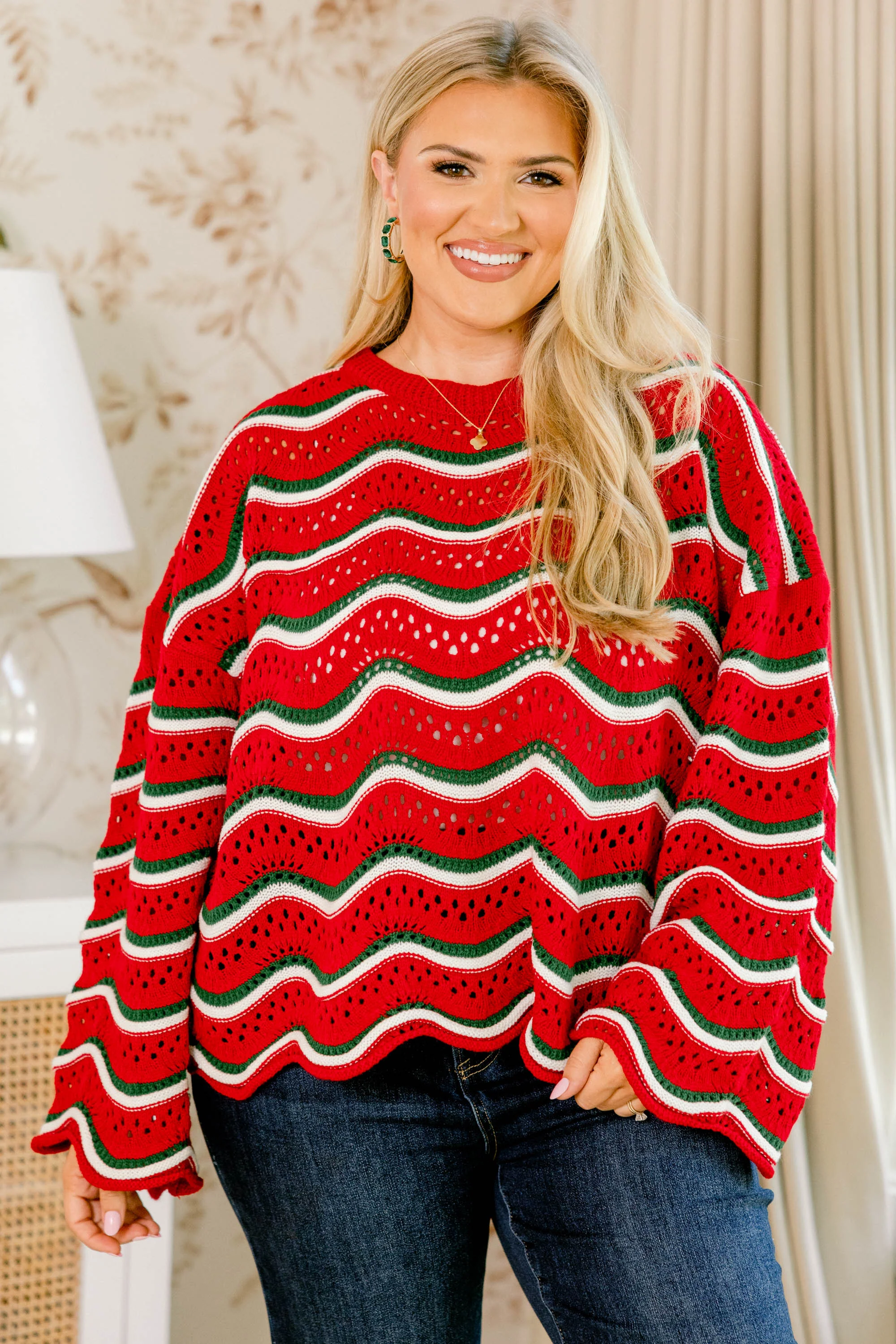 Wavy Comfort Sweater, Red-Green - Giverhouse