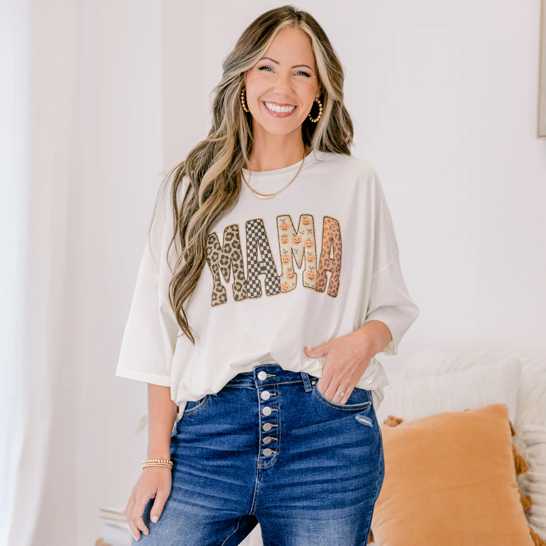Mixed Print Mama Boyfriend Tee, Ivory - Giverhouse