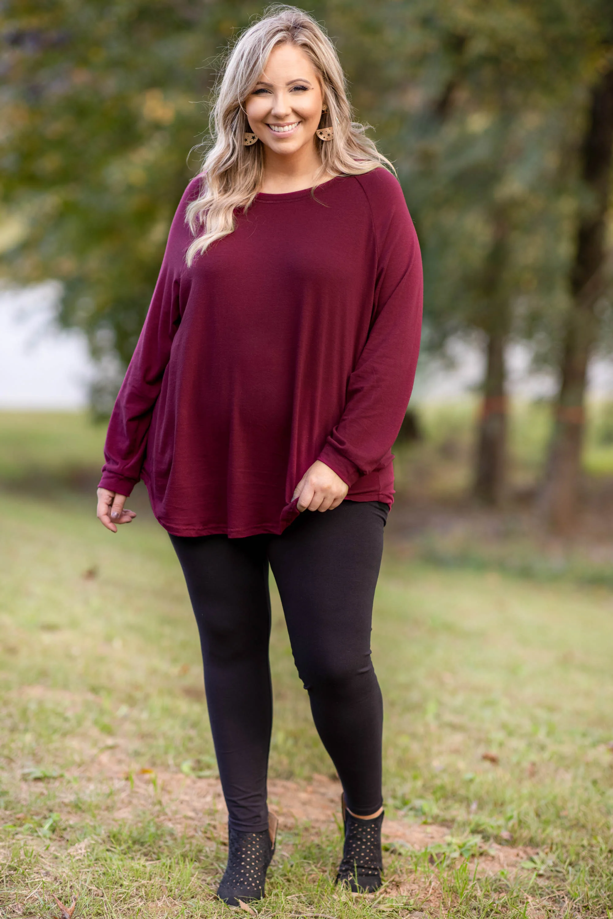 Curved Hem Slouchy Tunic, Wine - Giverhouse