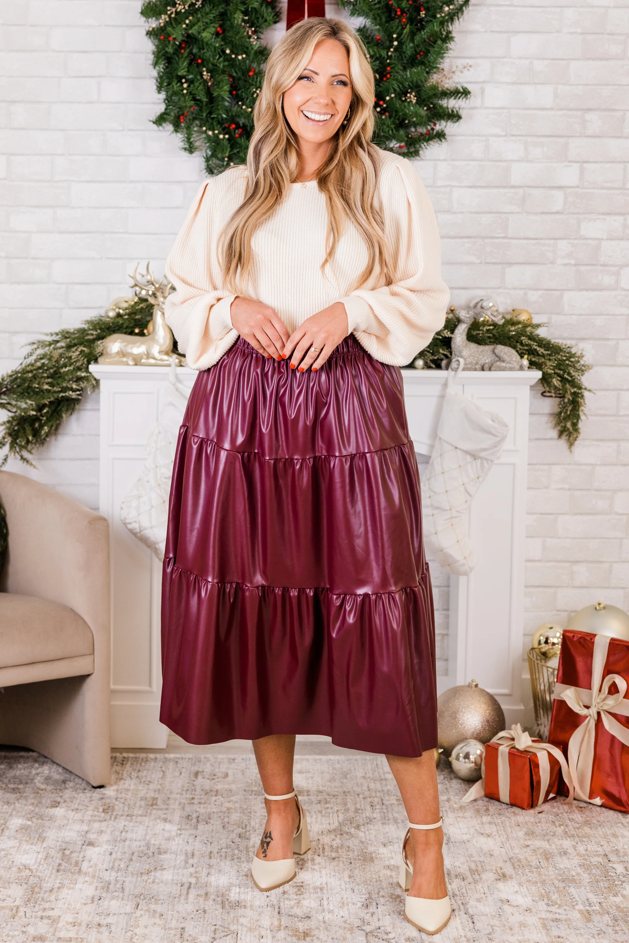 Always and For Leather Skirt, Burgundy - Giverhouse