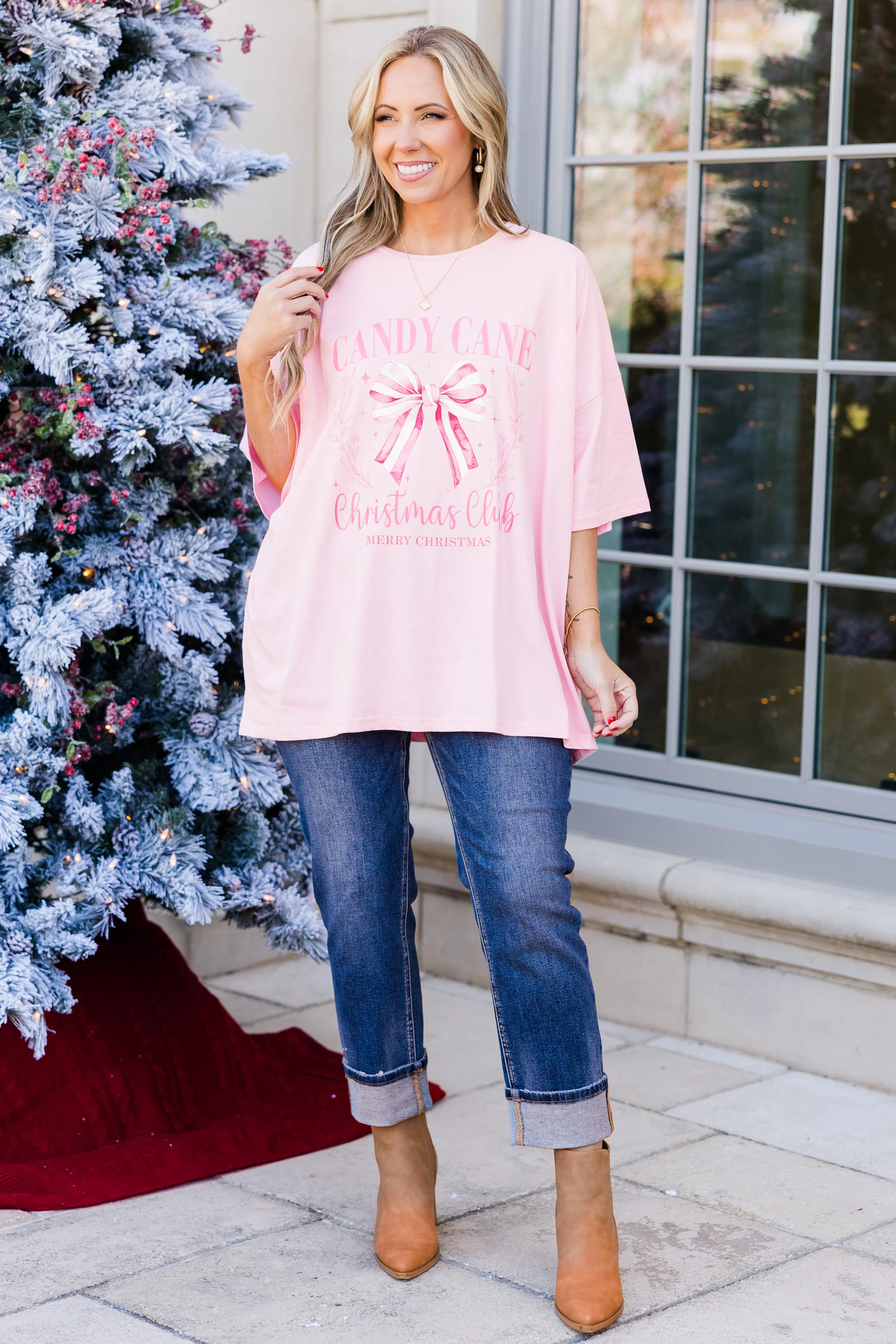 Candy Cane Club Boyfriend Tee, Dusty Pink - Giverhouse