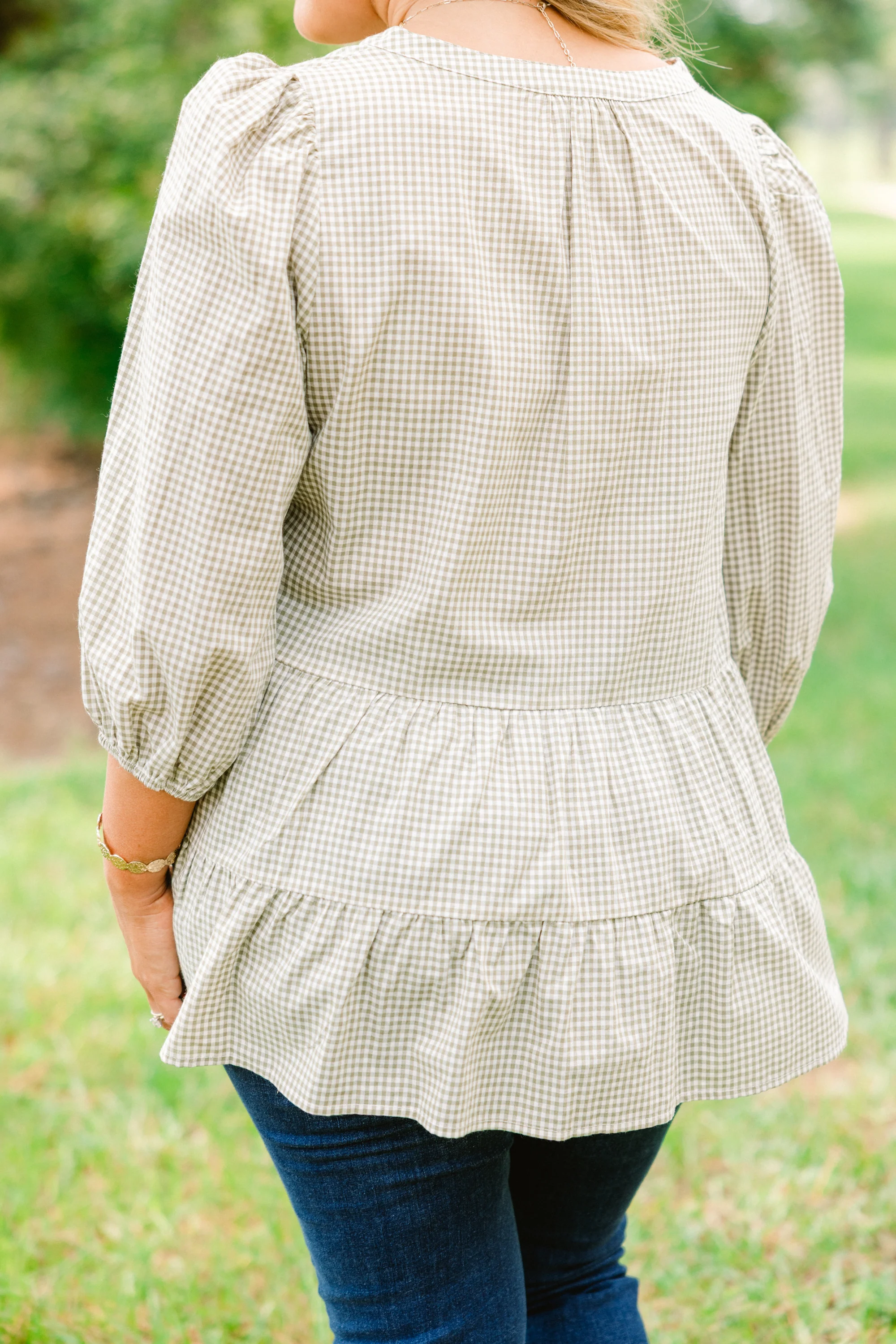 Pretty And Polished Top, Green Gingham - Giverhouse