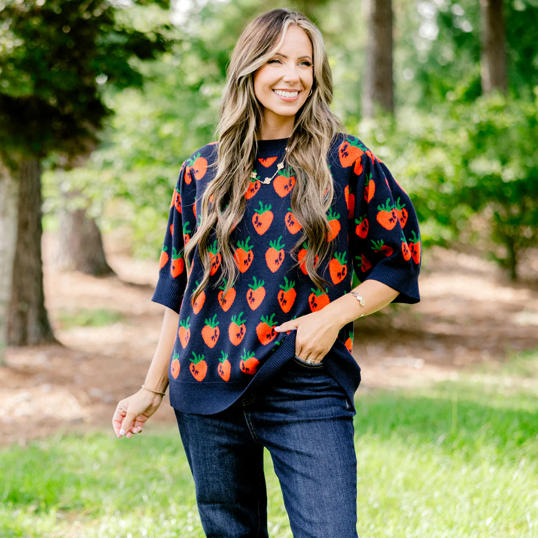 Love And Life Sweater, Navy Strawberry - Giverhouse