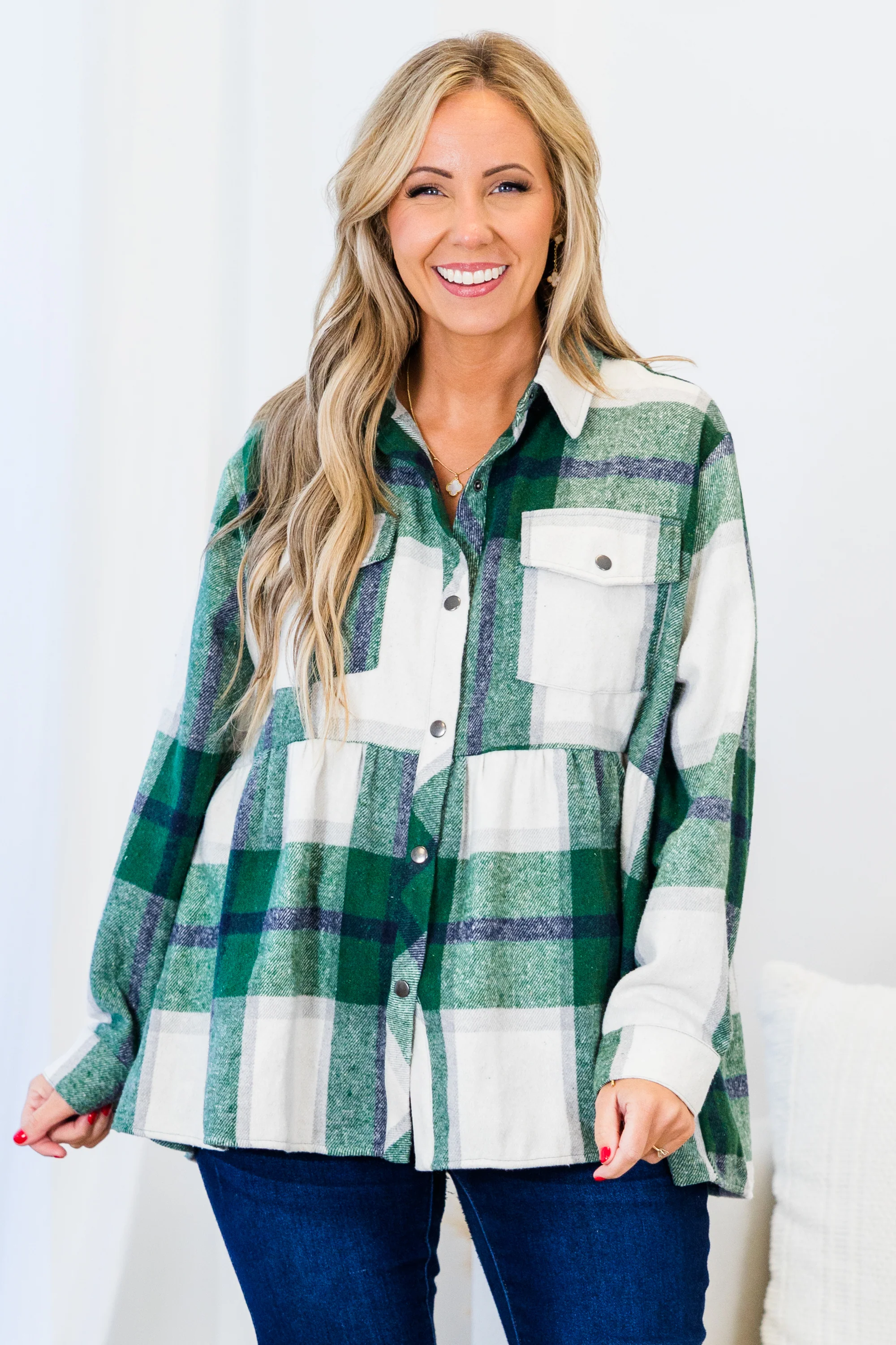 Cozy Plaid Babydoll Shacket, Green - Giverhouse