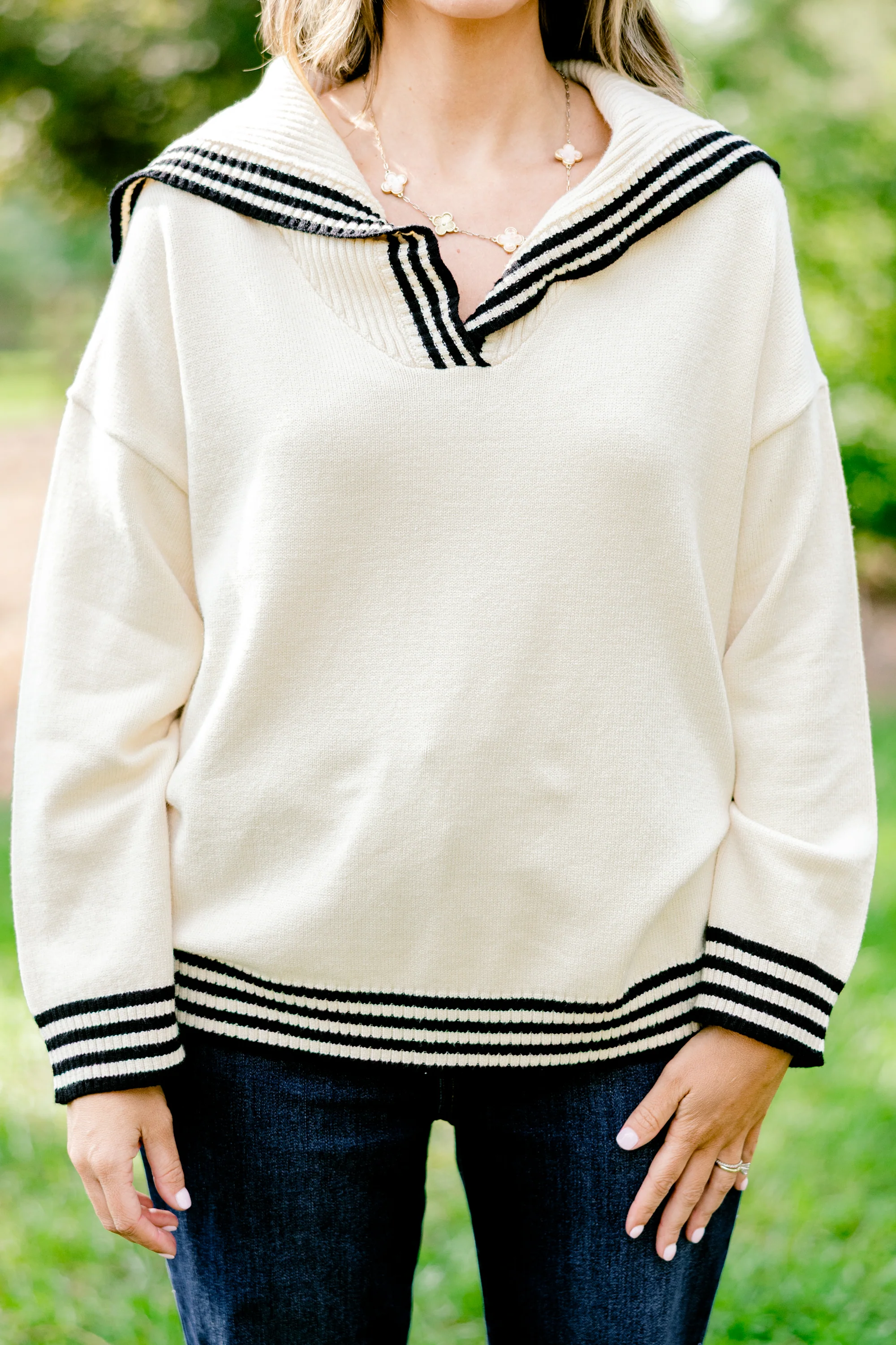 Smiling Through It All Sweater, White Stripe - Giverhouse