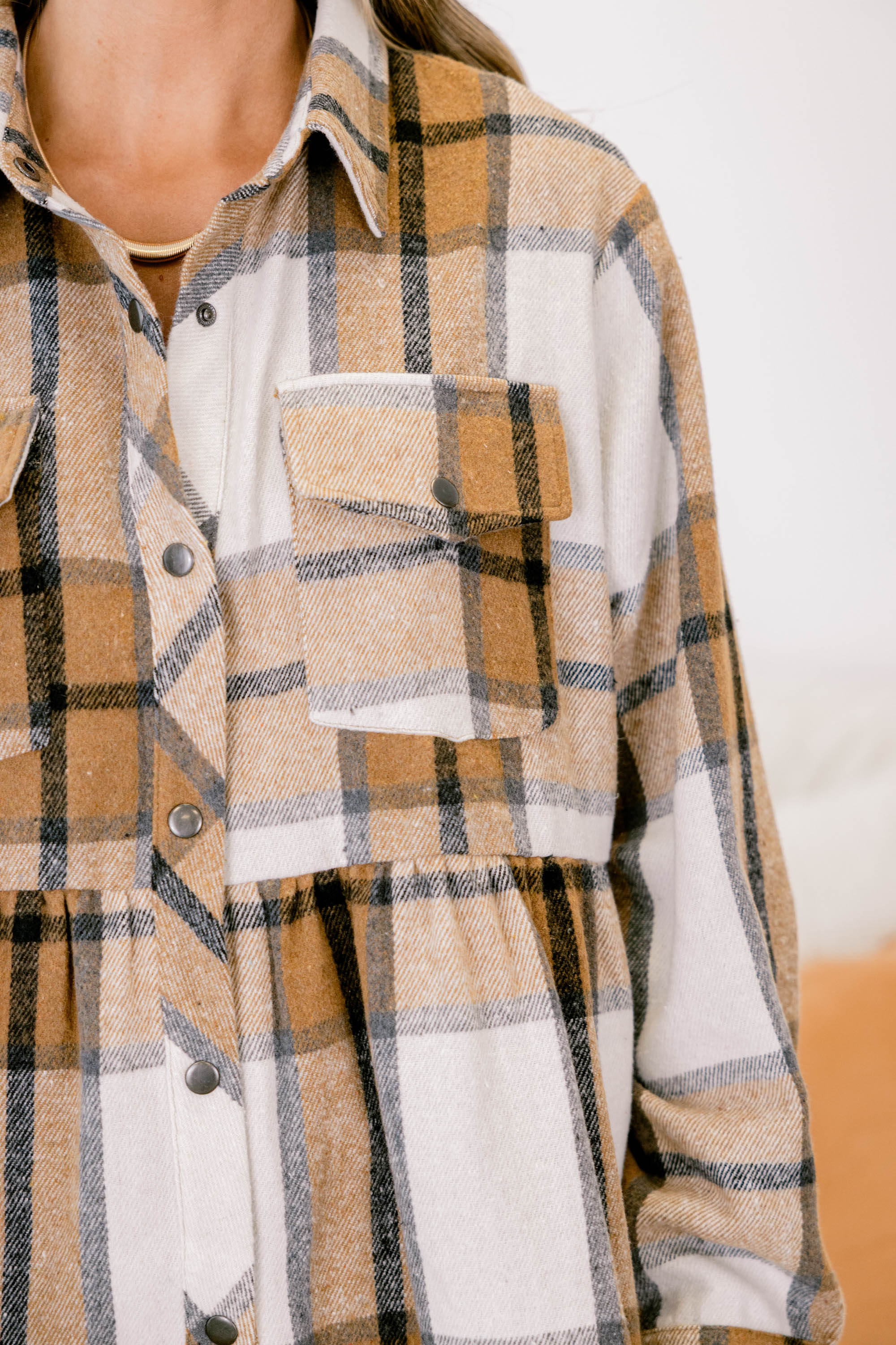 Cozy Plaid Babydoll Shacket, Khaki - Giverhouse